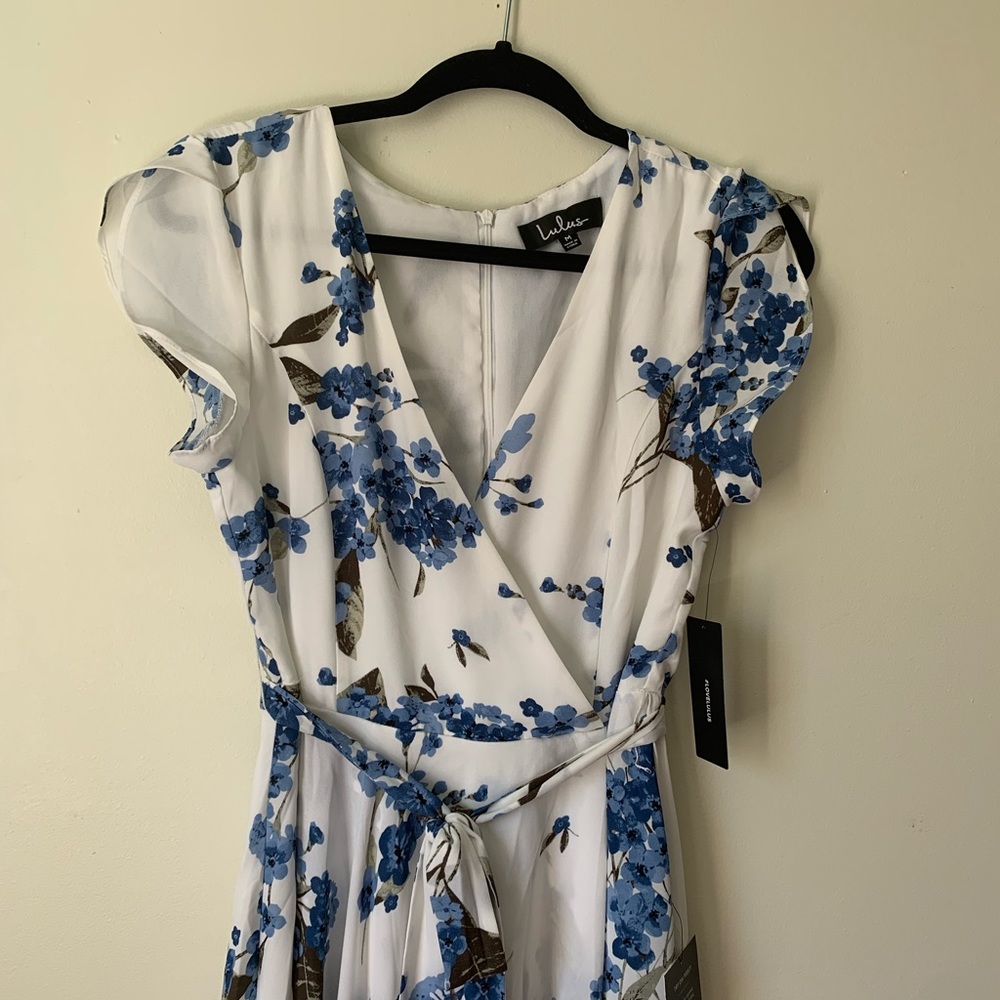 Lulu’s White and Blue Floral High Low Dress